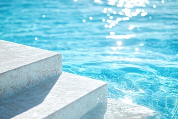 Obraz premium A close-up of the edge of an outdoor swimming pool, with clear blue water and sunlight reflecting on it. The white steps leading into the pool add to its elegance.