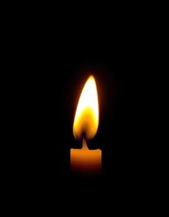 Isolated flickering candle flame, vibrant orange and yellow hues against black background, incandescent, close-up