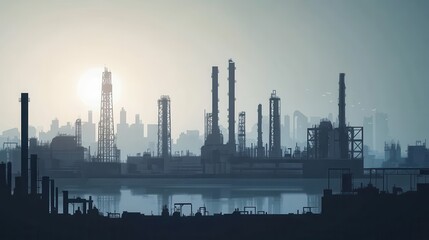 A flat vector illustration of an industrial city skyline with oil and gas skyscrapers, silhouettes of petrochemical plants, and elevated production towers illustration