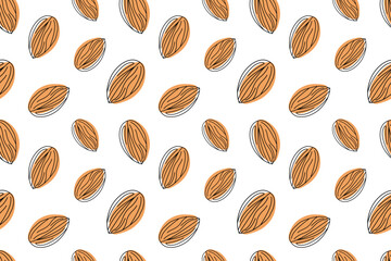 Cute seamless almond pattern in linear illustration style. Perfect for packaging, textile, kitchen decor, posters, and food product branding.  Vector illustration EPS10.