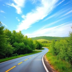 Fototapeta premium Serene country road winds through lush green forest under a vibrant blue sky, journey, forest, beautiful