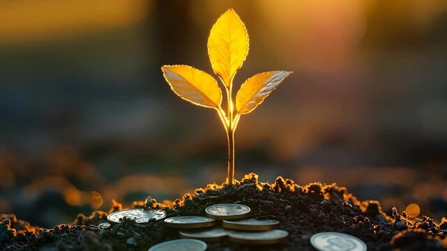 A small sapling growing out of a pile of coins glowing under sunlight