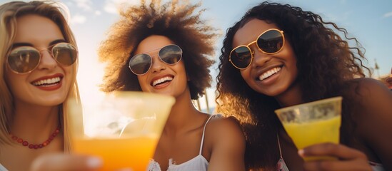 Multiracial friends toasting with cocktail glasses on an outdoor vacation together