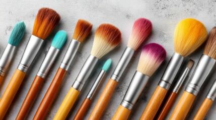 Fototapeta premium Vibrant Array of Makeup Brushes with Glittery Background in Studio Setting