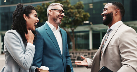Collaboration, commute and laughing with business people in city together for meeting or travel....