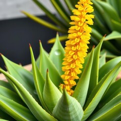 Succulent aloe vera plant with thick green leaves and vibrant yellow flower stalks, medicine, photography