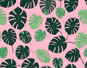 Pink Background with Tropical Monstera Leaves Pattern