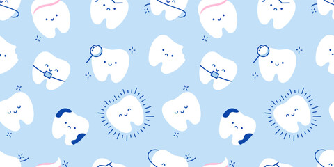 Set of teeth emoji on blue background. Seamless pattern with baby teeth. Pretty teeth. Cleaning and care of teeth. Healthy and carious tooth. Dental banner, wallpaper, wrapping paper, cover, textile