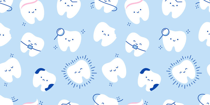 Set of teeth emoji on blue background. Seamless pattern with baby teeth. Pretty teeth. Cleaning and care of teeth. Healthy and carious tooth. Dental banner, wallpaper, wrapping paper, cover, textile