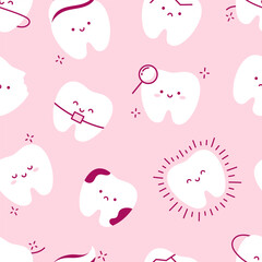 Cartoon Teeth seamless pattern. Cute teeth, smiley face, dental clinic background. Kawaii white teeth on pink background. Decor textile, wrapping paper, print, wallpaper, cover, surfaces, banner
