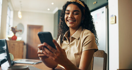 University student, girl and check phone in home for college notifications, text message or social media scroll. Study break, person and happy with smartphone for watching online video or connection