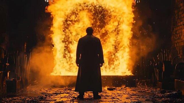 A solitary figure stands amidst the intense flames of a medieval forge