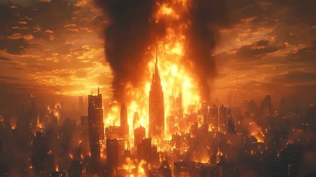 Burning city with collapsing skyscrapers engulfed in flames