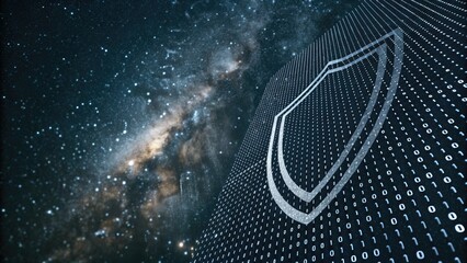 Cybersecurity data protection privacy concept Digital shield symbol overlaying binary code against a cosmic backdrop, representing cybersecurity and technology.