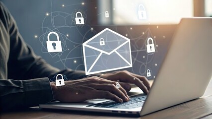 Cybersecurity data protection privacy concept A person typing on a laptop with digital security icons and an envelope graphic overlay.