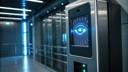 Cybersecurity data protection privacy concept High-tech security panel with an eye symbol and blue lighting in a modern, futuristic setting.