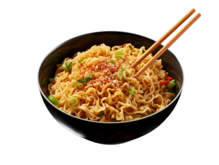 A bowl of noodles with chopsticks and green onions against a in a close up view  on transparent background png