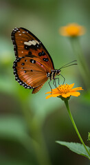 Obraz premium Close view of an orange butterfly resting on a yellow daisy-like flower. Sharp focus macro photography mobile wallpaper, natural vertical background screen saver design.