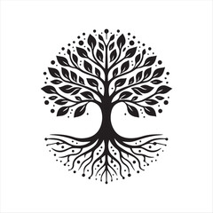 Surreal Tree on Mountain Illustration – Black and White Nature Symbol in Tribal Style