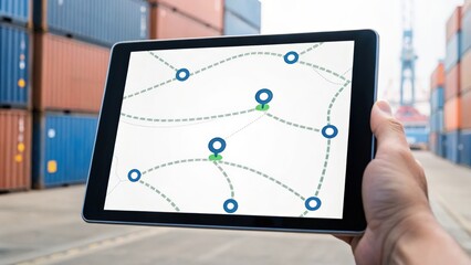 Cargo Management and Warehouse Scheduling Solutions concept. A person holding a tablet displaying a logistics map at a shipping yard.