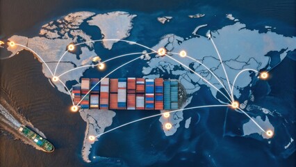 Cargo Management and Warehouse Scheduling Solutions concept. Global shipping network with container routes highlighted on a world map.