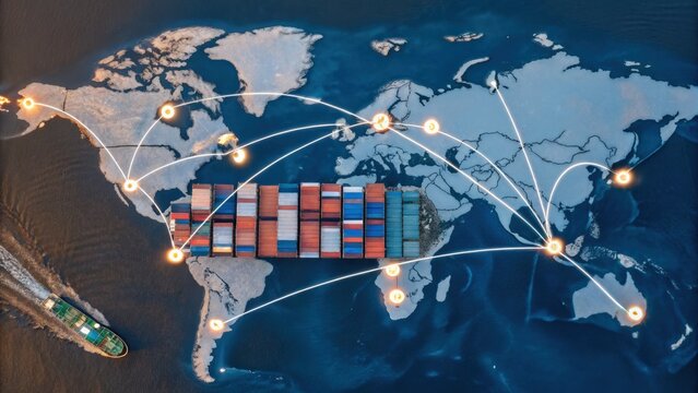 Cargo Management and Warehouse Scheduling Solutions concept. Global shipping network with container routes highlighted on a world map.