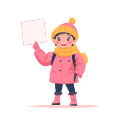 Smiling Girl in Pink Winter Outfit Holding Blank Sign