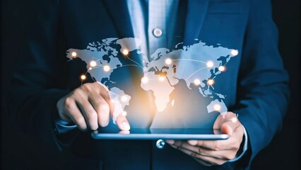 Cargo Management and Warehouse Scheduling Solutions concept. Businessman interacting with a digital world map on a tablet.