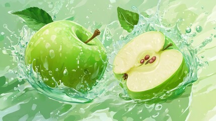 Water splashing on a green apple and cut slice with seed on green background, green apple, water splash, fruit, fresh, healthy, juicy illustration