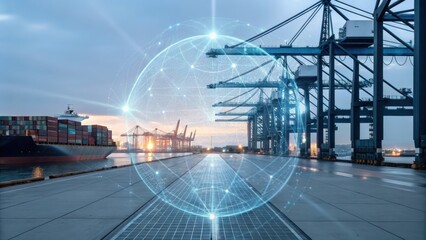 Cargo Management and Warehouse Scheduling Solutions concept. Port scene with digital globe overlay and shipping containers.