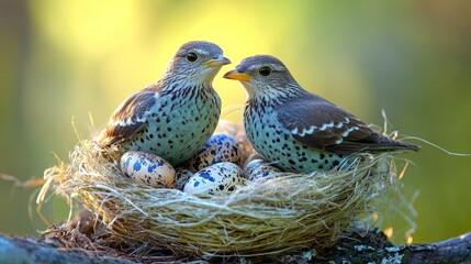 Two speckled birds sitting on a nest full of eggs.