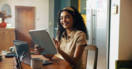 Girl, student and tablet with smile in kitchen for online course, e learning or problem solving for...