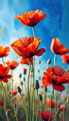 Fototapeta premium Bold impasto poppies, vibrant red & blue hues, abstract, poppies