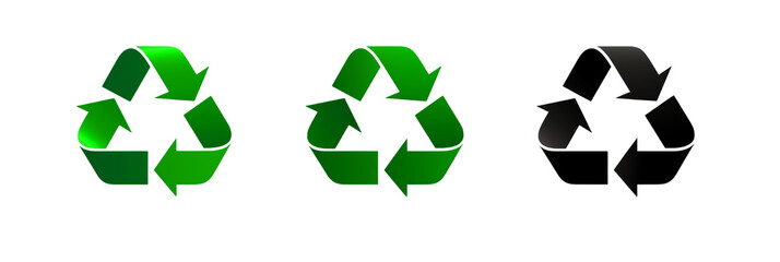 Obraz premium Three recycling symbols in green and black isolated on a for environmental awareness on transparent background png