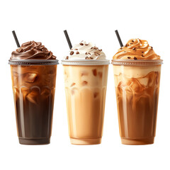 Three iced coffee drinks in clear plastic cups with lids and metal straws, topped with whipped cream and chocolate shavings, isolated on a transparent background