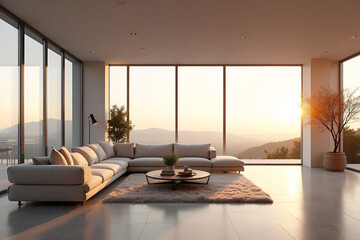 A large, modern living room with floor-to-ceiling windows offering a panoramic view of a sunset over rolling hills. A beige sectional sofa is arranged around a low coffee table on a light-colored rug.