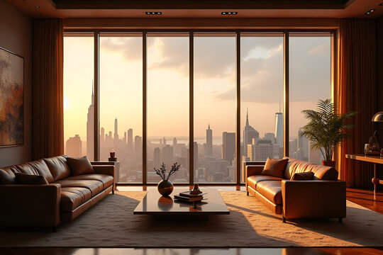 Fototapeta A panoramic view of the New York City skyline at sunset is seen through large windows from a luxurious living room. Two leather couches are positioned facing each other, with a low coffee table betwee