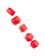 Falling Watermelon cube, cutout, full depth of field.