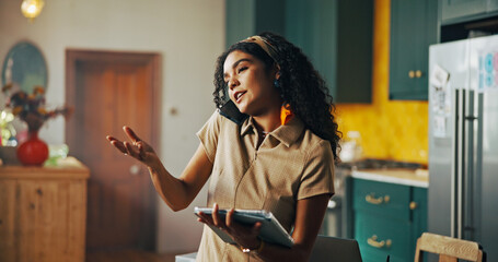 Explain, phone call and tablet with remote work woman in kitchen of home for small business...