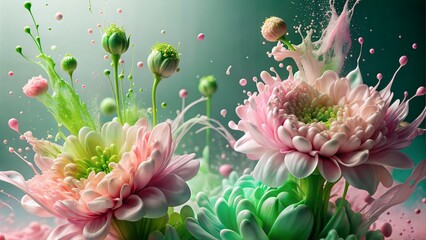 Pink and Green Floral Explosion in Liquid Splash