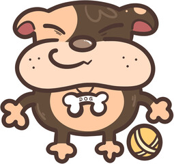 A brown dog smiles happily and a yellow ball.