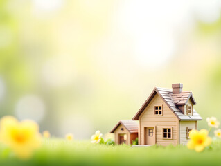 Mini house model on spring grass, real estate investment and financial management concept illustration