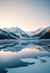 Obraz premium Sunlit frozen lake reflects snow-capped mountains, icy peaks gleam, peak, mountains