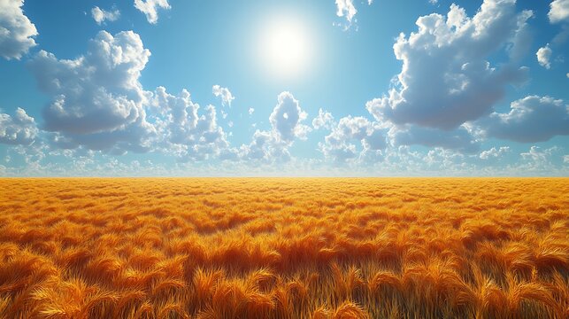 Golden wheat field swaying gently in a summer breeze under a clear blue sky with scattered fluffy white clouds.
