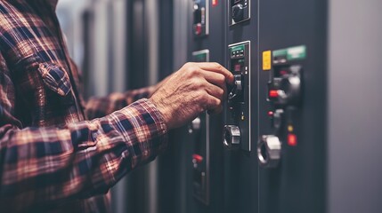 Worker adjusting control panel settings in a modern industrial facility with machinery in background