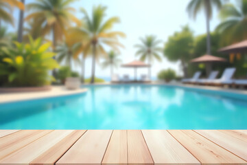 Empty table top and blurred swimming pool in tropical resort in summer for display or montage your products.