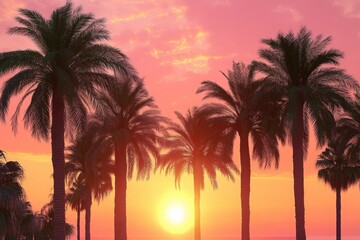 Obraz premium Beautiful palm trees against the backdrop of a sunset in shades of pink, with sun rays and a warm glow, set in a beach landscape, evoking a summer vacation concept.