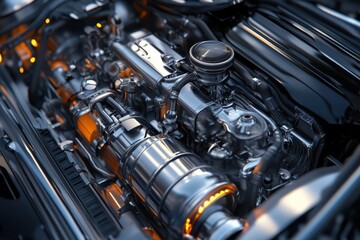 Fototapeta premium Detailed Close Up Shot of Shiny Metallic Engine Components