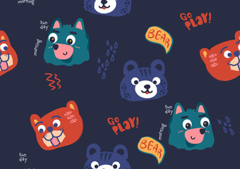 Go Play Bear Cartoon Seamless Pattern - Dark Background