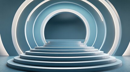 Naklejka premium Podium on the stairs, product presentation, blue background, creative geometry composition for product presentation, 3d render, 3d illustration. illustration